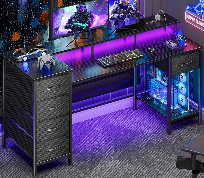 Korfile 55 Inch Computer Gaming Desk with Power Outlets LED Lights Reversible Home Office with Adjustable Fabric Storage Drawers for Working Writing Study, Black