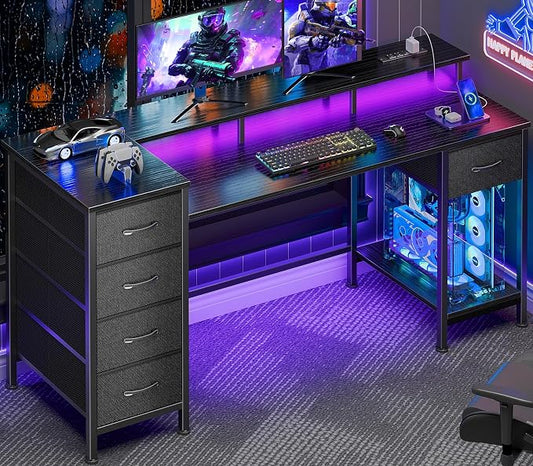 Korfile 55 Inch Computer Gaming Desk with Power Outlets LED Lights Reversible Home Office with Adjustable Fabric Storage Drawers for Working Writing Study, Black