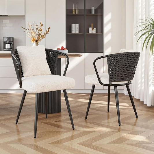 Rattan Dining Chairs Set of 2, Upholstered Kitchen Chair with Metal Legs, Ergonomic Curved Backrest, Mid Century Modern Living Room Chairs with Throw Pillow, Black
