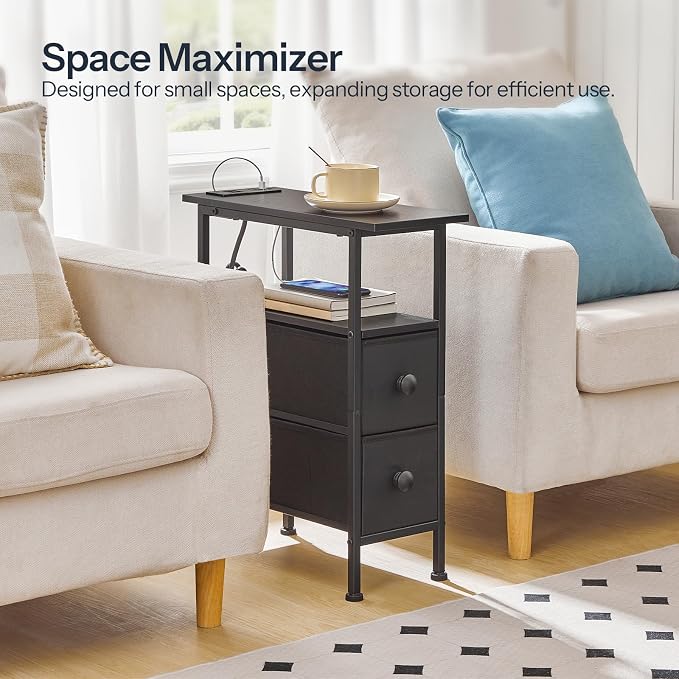 HOOBRO End Table with Charging Station, Narrow Side Table with 2 Fabric Drawers, Skinny Nightstand with Storage, Slim Bedside Table for Bedroom, Living Room, Small Spaces, Black BB487UBZ01