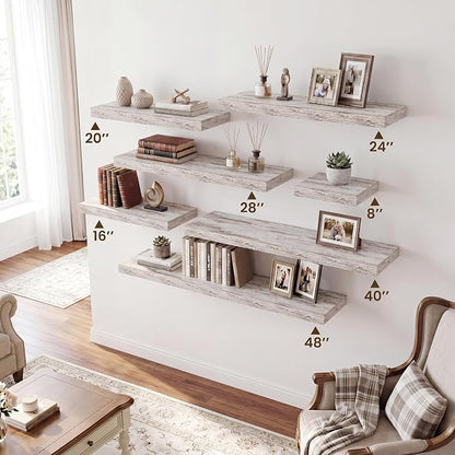 RICHFOCUS 8 Inch Floating Shelves for Wall Small Square Shelves Set for Plant|Bedroom|Kitchen|Bathroom Rustic Wood Wall Mounted Shelf with Invisible Brackets for Books|Storage|Decor, Rustic White