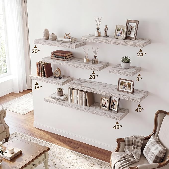RICHFOCUS 40Inch Floating Shelves for Wall 1 Pack Shelves for Bedroom|Kitchen|Bathroom|Laundry Room Rustic Wood Wall Mounted Shelf with Invisible Brackets for Books|Storage|Decor, Rustic White