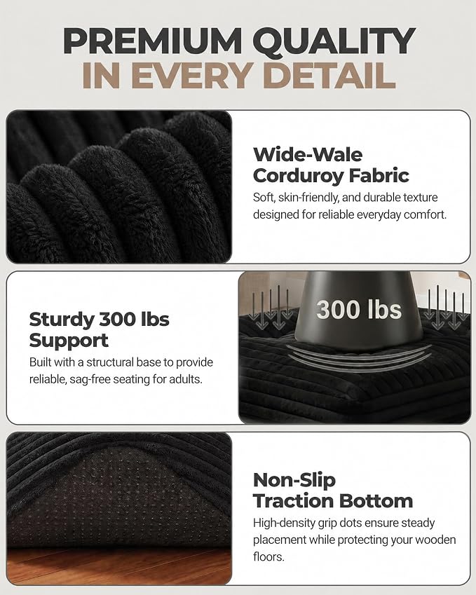 23.6in Pouf Ottoman, Corduroy Ottoman Foot Rest with Dual‑Layer Support, Large Poofy Pouf with Soft Chunk‑Foam Top & Firm Foam Base, Floor Foot Stool for Living Room, Black