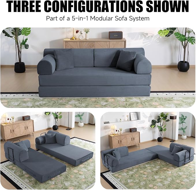 78.8" Boneless Memory Foam Couch, Corduroy Convertible Floor Sofa Bed, Fold-Out Sleeper Futon Loveseat, Wide Armrests & Supportive Back, 1200 lb, Couch in a Box, 2 Pillows, Dark Grey