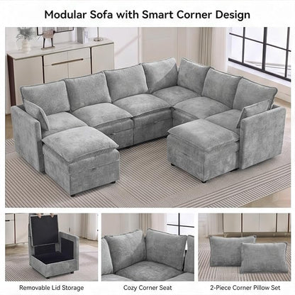 105" Light Grey Modular Storage Sofa, U Shaped Chenille Couch with Ottoman | Oversized Convertible Sectional Sofa, 6-Seat Sectional Couch With 2 Ottomans, Large Cloud Couch For Living Room, Apartment.