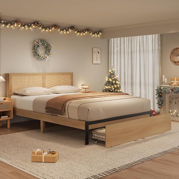 GarveeHome Full Platform Bed Frame, Full Size Bed Frame with Natural Rattan Headboard, Cane Bed Frame with 2 Storage Drawers and Strong Wood Slats Support, Noise Free, No Box Spring Needed