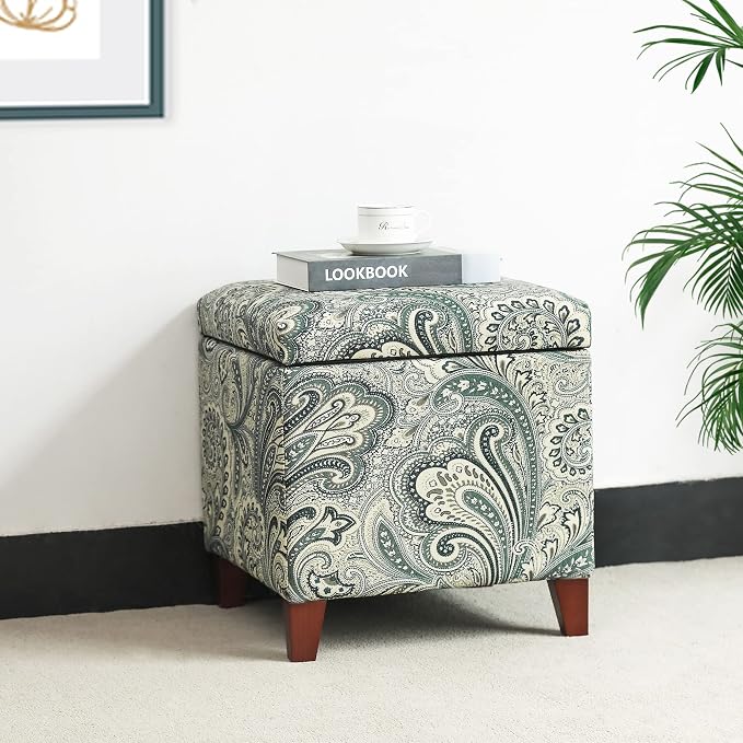 Adeco 18" Cube Storage Ottoman in Blue Paisley, Upholstered Linen Foot Stool & Accent Chair for Entryway, Vanity or Small Spaces