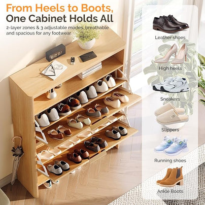 VINGLI Slim Shoe Cabinet with Curved Edges, Modern Hidden Shoe Storage Organizer with 2 Flip Drawers & Open Shelf, Narrow Wood Shoe Cupboard with Fluted Panel & Anti-Tip Kit for Entryway, Oak