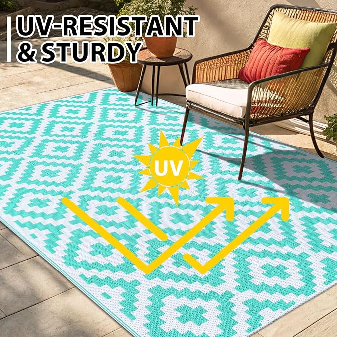 Smiry Waterproof Outdoor Rug 6x9 ft, Reversible Plastic Straw Patio Camping Rugs, Outdoor Indoor RV Mat Carpet for Patio, Outside Entry, Backyard, Deck, Bench, Picnic, Camper, White & Teal