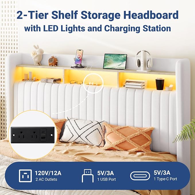 Allewie King Size Lift Up Hydraulic Storage Bed Frame, 2-Tier Shelf Headboard with LED Lights and Charging Station, USB and Type C Ports, Wingback Velvet Headboard, No Box Spring Needed, White