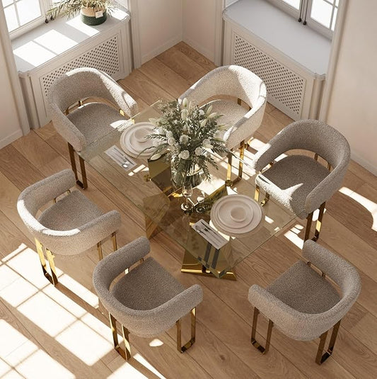 Dining Chair with Arms, Luxury Off White Boucle Barrel Dining Room Chair with Mirrored Gold U-Shaped Legs for Kitchen, Bedroom, Makeup Room, Set of 8