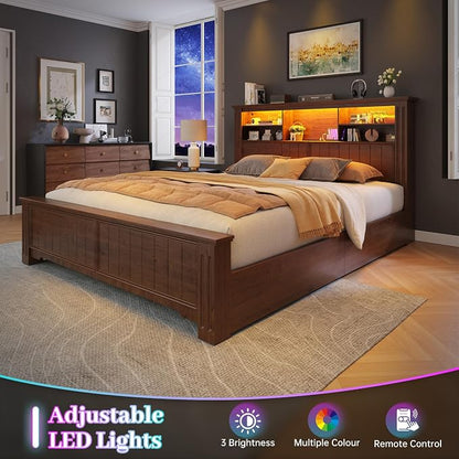 EnHomee Full Size Bed Frame with Storage Headboard and 4 Drawers,Charging Port & LED,No Box Spring Needed,Heavy-Duty Structure,Noise,-Free,Vintage Brown
