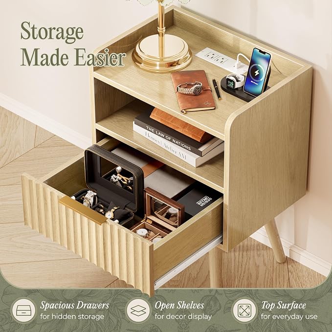 Huuger Nightstand with Charging Station, USB-C Port, Fluted Night Stand with Drawer, Bed Side Table with Solid Wood Feet, Open Storage, End Table with Raised Edge, for Bedroom, Natural