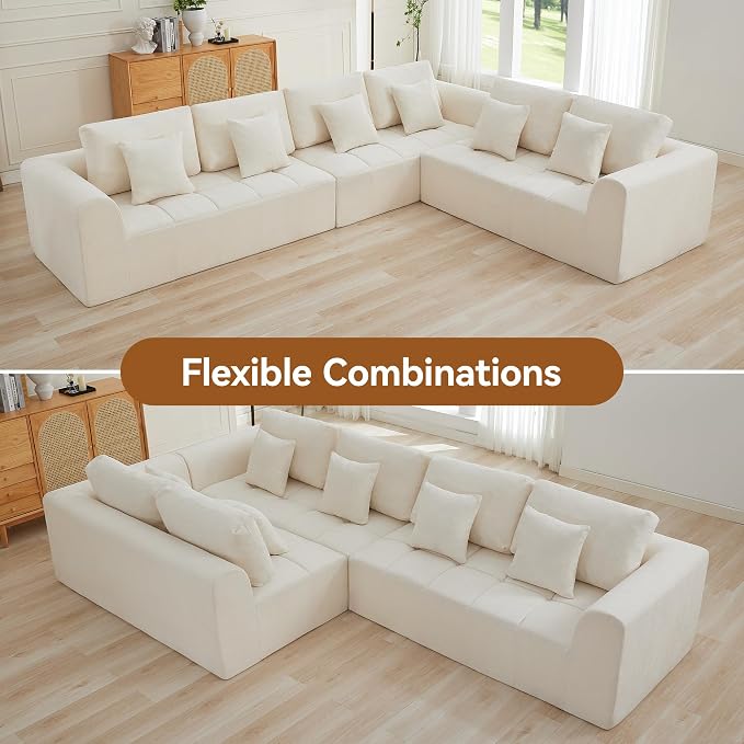 140'' Boneless Modular Couches for Living Room, Compressed Cloud Sectional Modern Sofa, L Shaped 6 Seater Upholstered Memory Foam Oversized Sofa, No Assembly, Chenille Beige