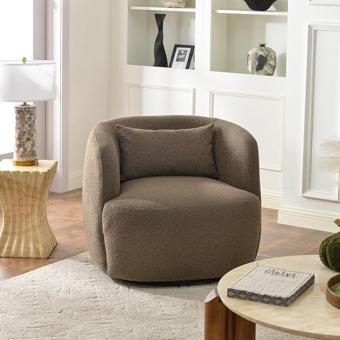 KINWELL 34" Wide Sherpa Swivel Barrel Chair, No Assembly Round Boucle Upholstered Accent Chair Armchair Single Sofa Chair with Toss Pillow for Living Room and Bedroom, Teddy Brown