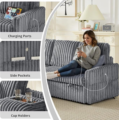 KCGKCG Sleeper Sofa Bed, 81” Pull Out Couch Bed with Reversible Storage Chaise, 3 in 1 L-Shaped Couch with Charging Station, Cup Holder, Side Pocket, Plush Corduroy Couches for Living Room(Light Grey)