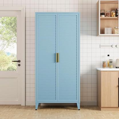61" Tall Blue Kitchen Pantry Cabinet, Farmhouse Metal Pantry Storage Cabinets, with 2 Louvered Door and 3 Adjustable Shelves, Multipurpose Storage Organizer, for Home, Entryway, Kids Room