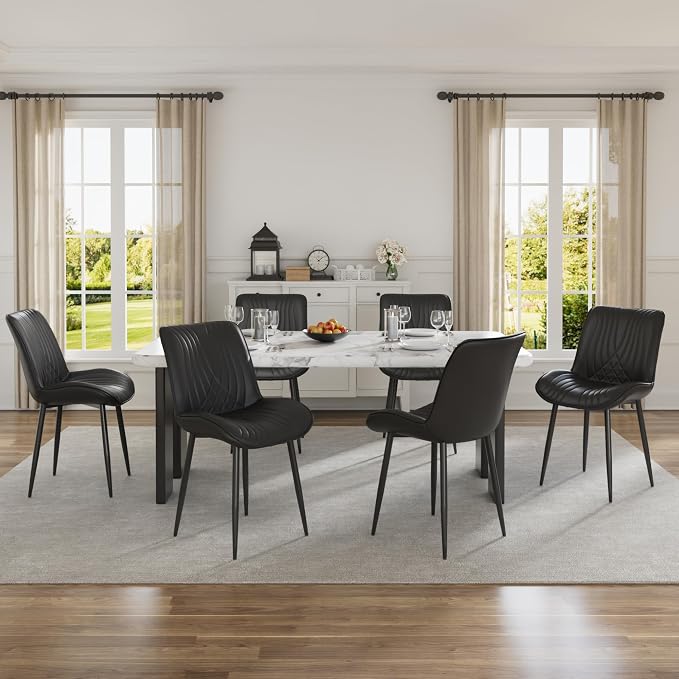 VECELO Dining Chairs Set of 6, Modern Upholstered Faux Leather Cushion Seat and Metal Legs for Kitchen, Living Room, Black