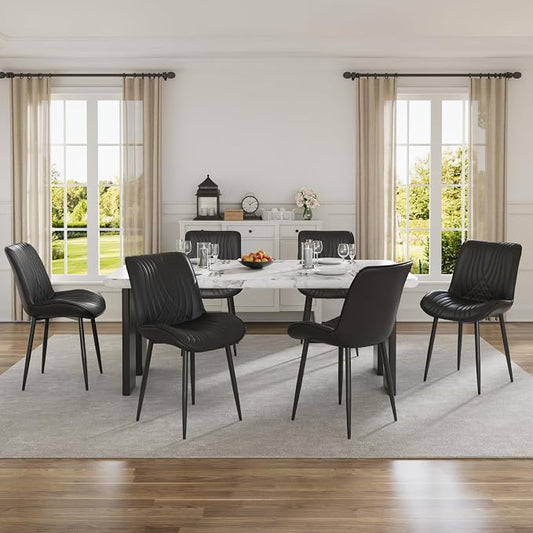 VECELO Dining Chairs Set of 6, Modern Upholstered Faux Leather Cushion Seat and Metal Legs for Kitchen, Living Room, Black