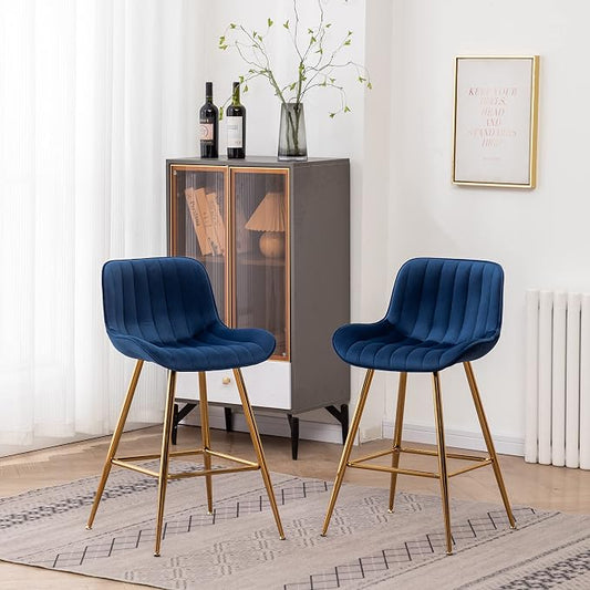 Sidanli Blue Bar Stools Set of 2, 24 Inch Velvet Counter Height Bar Stools with Footrests, Modern Bar Chairs for Home, Kitchen Island, Dining Room