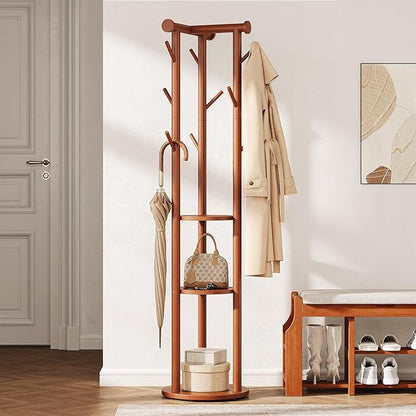 Pipishell Solid Wood Freestanding Coat Rack, Coat Tree with 5 Wheels, Wooden Coat Stand with 9 Hooks & 3-Tier Shelves for Entryway, Bedroom, Hallway, Living Room