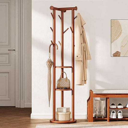 Pipishell Solid Wood Freestanding Coat Rack, Coat Tree with 5 Wheels, Wooden Coat Stand with 9 Hooks & 3-Tier Shelves for Entryway, Bedroom, Hallway, Living Room