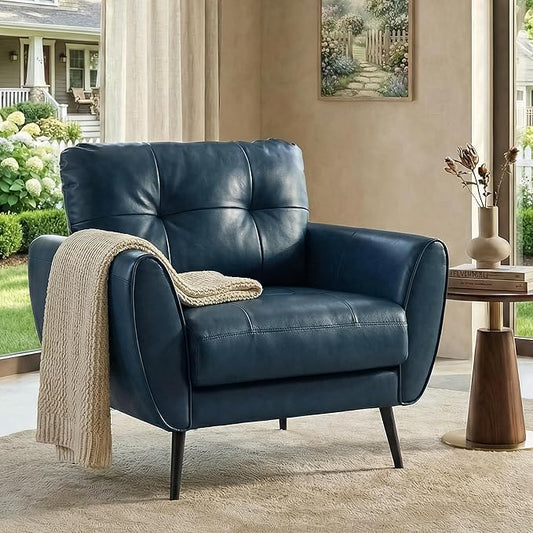 TYBOATLE Accent Chair, Comfy Modern Living Room Blue Leather Reading Accent Chairs Tufted Mid Century Arm Chair Small Salon Chair for Office Bedroom (1, Blue)
