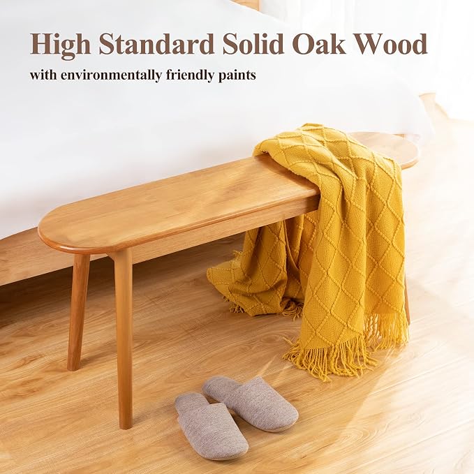 Entryway Bench, Solid Wood Dining Bench, Midcentury End of Bed Bench w/Rounded Corner, Outdoor Bench w/Robust Construction, Bedroom Bench, 10.24" W x 17.72" H（Natural 39.4inches）