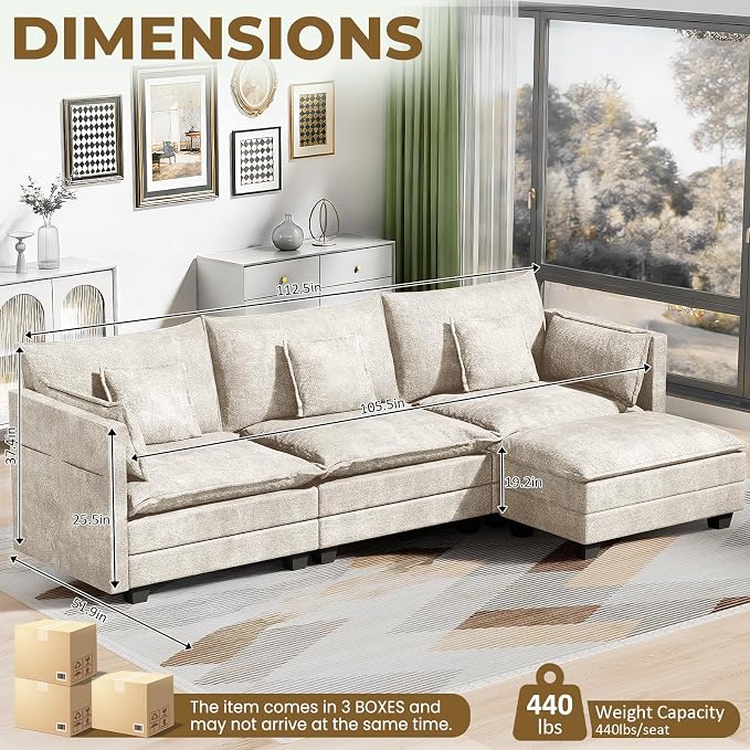 LEVELEVE 112.5" L-Shape Modular Sofa with 1 Ottomans, Deep Seat Cloud Convertible Sleeper, 3 Throw 2 Arm Pillows, Comfortable Upholstered Furniture for Living Room Apartment, Beige