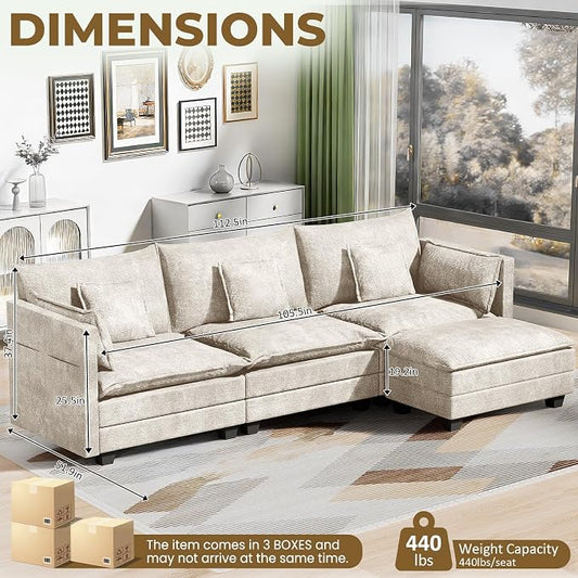 LEVELEVE 112.5" L-Shape Modular Sofa with 1 Ottomans, Deep Seat Cloud Convertible Sleeper, 3 Throw 2 Arm Pillows, Comfortable Upholstered Furniture for Living Room Apartment, Beige