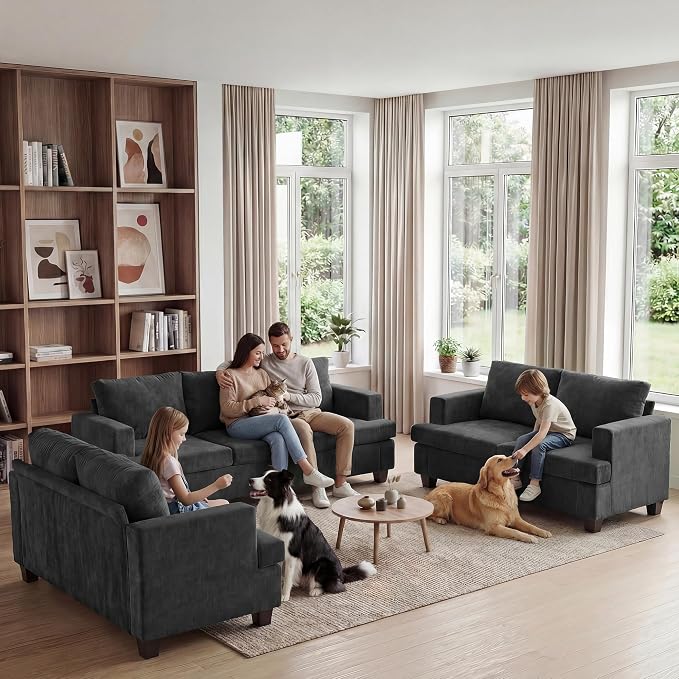 Apicizon Loveseat Set of 2 & 3-Seater Sofa, 3 Piece Set Comfy Couch for Living Room, Modern Lounge Sofa Couch for Apartment Lounge, Dark Grey Chenille