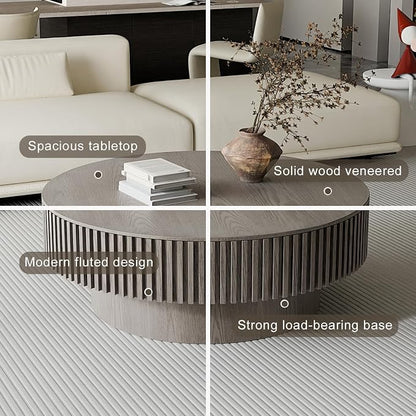 39'' Round Coffee Table with Storage, Modern Wooden Coffee Table with Solid Wood Veneered, Circle Center Table Accent Tea Table for Living Room Apartment Grey