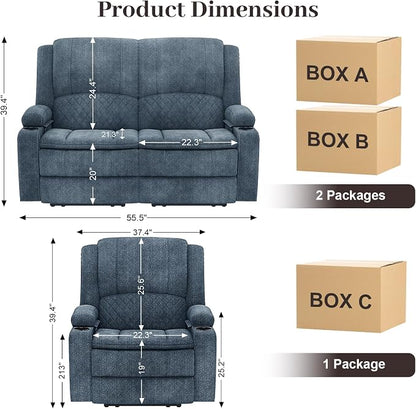 Yolsali Fabric Loveseat Recliner Sofa Set with 2-Tier Cushion, 2+1 Pieces in Living Room, 2 Seater Reclining Loveseat with Removable Console, 1 Oversize Recliner Chair Sofa Seat - Blue