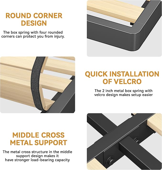 MAF 2 Inch Twin Box Spring with Round Corners, Low Profile Box Spring Twin Size, Bunkie Board with Wood Slats Bed Slat Replacement 3500 lbs Black Heavy Duty Metal Mattress Foundation, Easy Assembly
