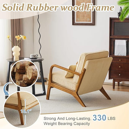 VINGLI Upgraded Premium Corduroy Accent Chairs Set of 2,Upholstered Arm Chair,Solid Wood Comfy Reading Chair with Lumbar Pillow, Mid Century Modern Chairs for Living Room,Bedroom,Dark Beige