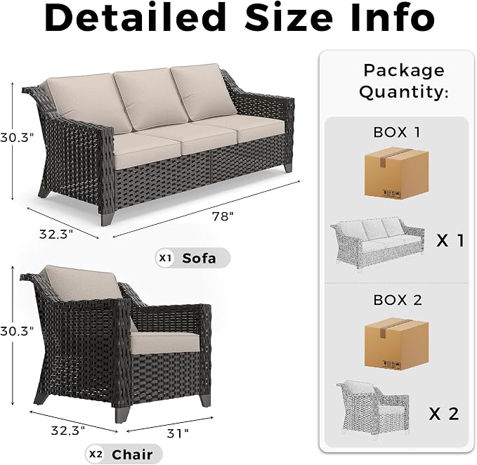 3 Pieces Patio Conversation Furniture Set - 1 Sofa, 2 Armchairs, Outdoor Wicker Furniture with Removable Cushions for Porch, Balcony, Sunroom (Beige)