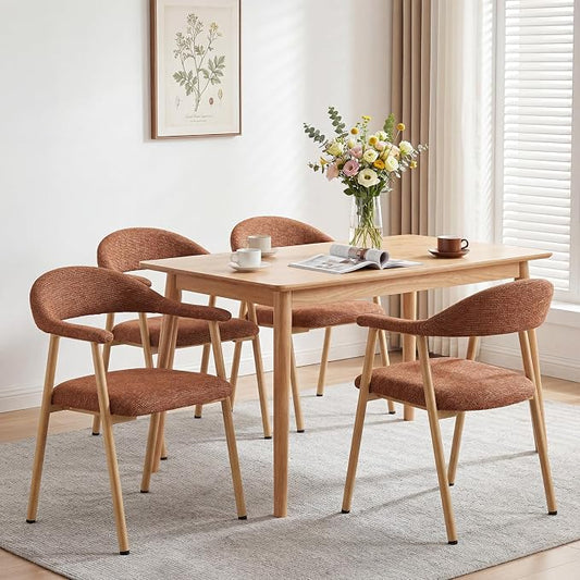 DUMOS Dining Chairs Set of 4, Linen Fabric Upholstered Kitchen Side Chairs with Curved Backrest & Metal Legs, Modern Farmhouse Accent Chair for Dining Room Kitchen Living Room Cafe, Orange