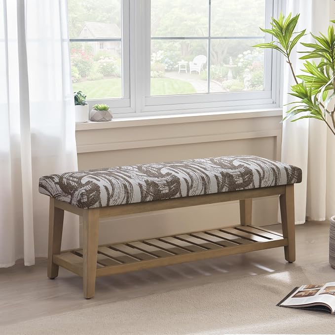 Entryway Bench with Cushion, Upholstered Shoe Rack Bench with Solid Wood Shelf, 44" End of Bed Bench for Bedroom, Chenille Fabric Storage Bench for Entryway, Hallway, Living Room (Textured Brown)