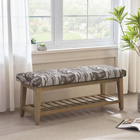 Entryway Bench with Cushion, Upholstered Shoe Rack Bench with Solid Wood Shelf, 44" End of Bed Bench for Bedroom, Chenille Fabric Storage Bench for Entryway, Hallway, Living Room (Textured Brown)