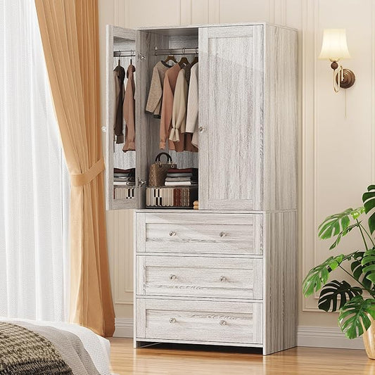 VOWNER Armoire Wardrobe Closet with Drawers and Mirror, 71" Clothing Storage Cabinet with Hanging Rod, 2 Doors Wooden Wardrobe Cabinet for Bedroom, Large Capacity Storage