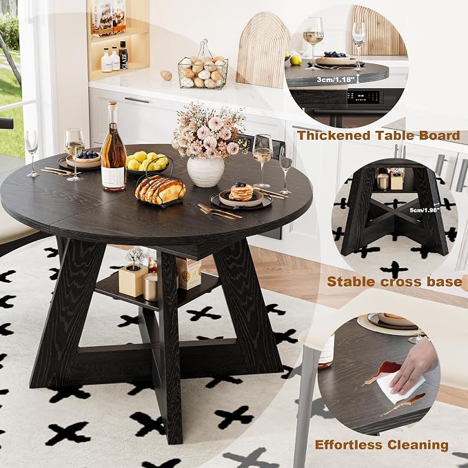 43.3in-59in Extendable Dining Table for 4-6, Round Kitchen Dining Room Table with Removable Leaves Space Saving, Space Saving, Wooden Cross Base with Storage Shelf for Kitchen Living Room (Black)
