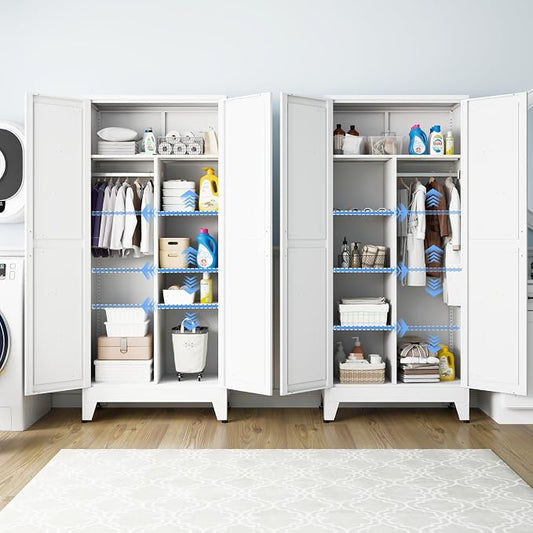 Metal Wardrobe Closet with Doors, 71" H Armoire Wardrobe Closet with 3 Adjustable Shelves and Hanging Rod, Steel Clothing Storage Cabinet for Bedroom, Home, Employee, Gym, Office, White
