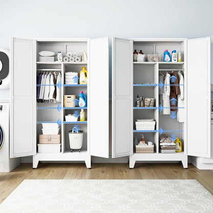 Metal Armoire Wardrobe Closet, 71" Steel Clothing Storage Cabinet with 2 Doors, Hanging Rod & Shelves, Bedroom Armoire Closet, White Wardrobe Cabinets for Bedroom