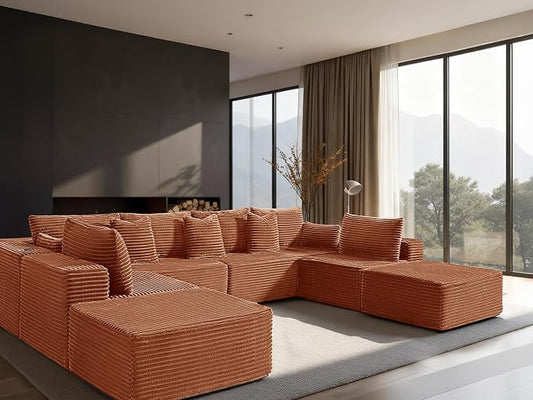 138" Cloud Sectional Couch, Comfort U Shaped Sofa for Living Room, Extra Deep Seats No Assembly, Minimalist Modular Couch, Corduroy (Deep Orange, 8 Seats,U-Shape A)