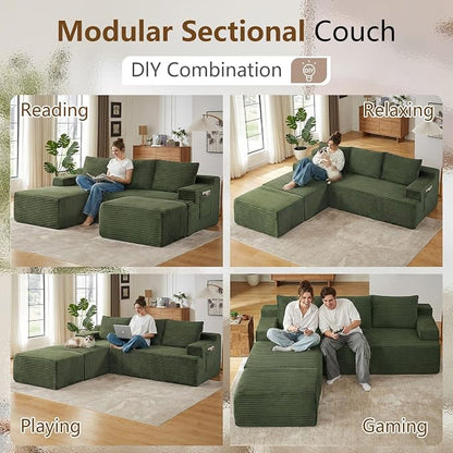 96" Cloud Sectional Couch U-Shaped Chaise with Ottoman, Corduroy Boneless Couch for Living Room Bedroom, Deep-Seat Upholstered Modular Cloud Sofa, No Assembly Required (Green, Left Facing Chaise)