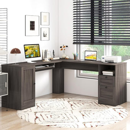 Giantex 66" L-Shaped Desk with Storage Drawers & Charging Station, Spacious Corner Computer Desk with Keyboard Tray, Adjustable Shelf, Cabinet, Huge Workspace Home Office Study Writing Desk (Grey Oak)