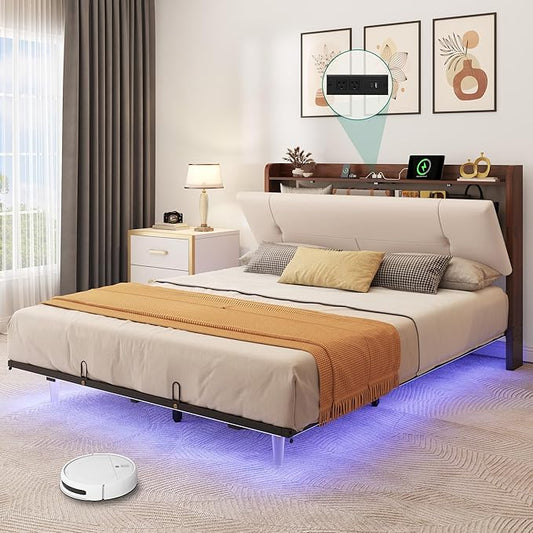 YITAHOME Queen Size Floating Bed Frame with Charging Station, PU Upholstered Platform Bed with 43.3'' Headboard, Hidden Storage, RGB LED Lights, No Box Spring Needed, Easy Assembly, Noise-Free, Beige