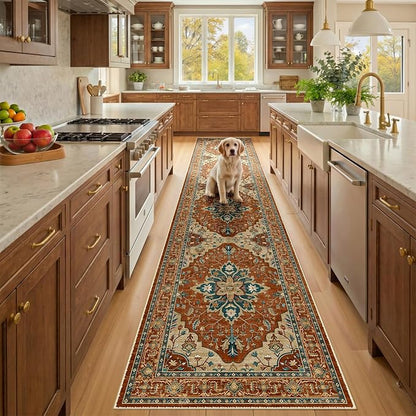 RELEANY Area Rugs Runner 2'x10' Washable Non-Slip, Floral Vintage Distress Medallion Carpet for Kitchen Hallway Bedroom Beside Laundry Room Bathroom, Red Orange Blue Brown