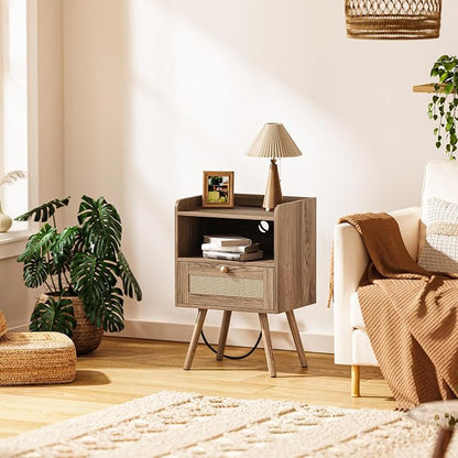 SUPERJARE Nightstands Set of 2, Night Stands with Charging Station & PE Rattan Decor Drawer, Bed Side Tables with Solid Wood Feet, End Table, for Bedroom, Living Room, Walnut