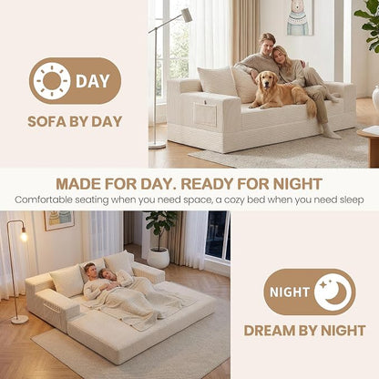 78.5” Convertible Sofa Bed,Corduroy 3 Seater Boneless Couch Bed Futon,Fold Out Couch with 3 Pillows,Loveseat Sleeper with Pull Out Bed for Living Room, Guest,Bedroom,Beige